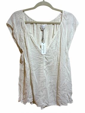 NEW Velvet Graham & Spencer Cream White Swiss Dot V-Neck Short Sleeve Blouse M